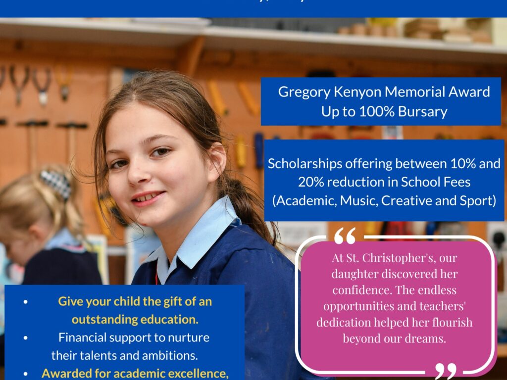 Apply for the Gregory Kenyon Bursary at St Christopher’s Prep School in Staverton. A fully funded place for a local child, covering up to 100% of school fees. Applications now open.