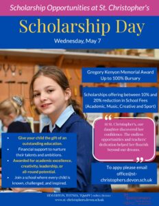 Apply for the Gregory Kenyon Bursary at St Christopher’s Prep School in Staverton. A fully funded place for a local child, covering up to 100% of school fees. Applications now open.